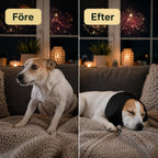 Före och efter, stressad hund som blir lugn med öronskydd - Djurslottet