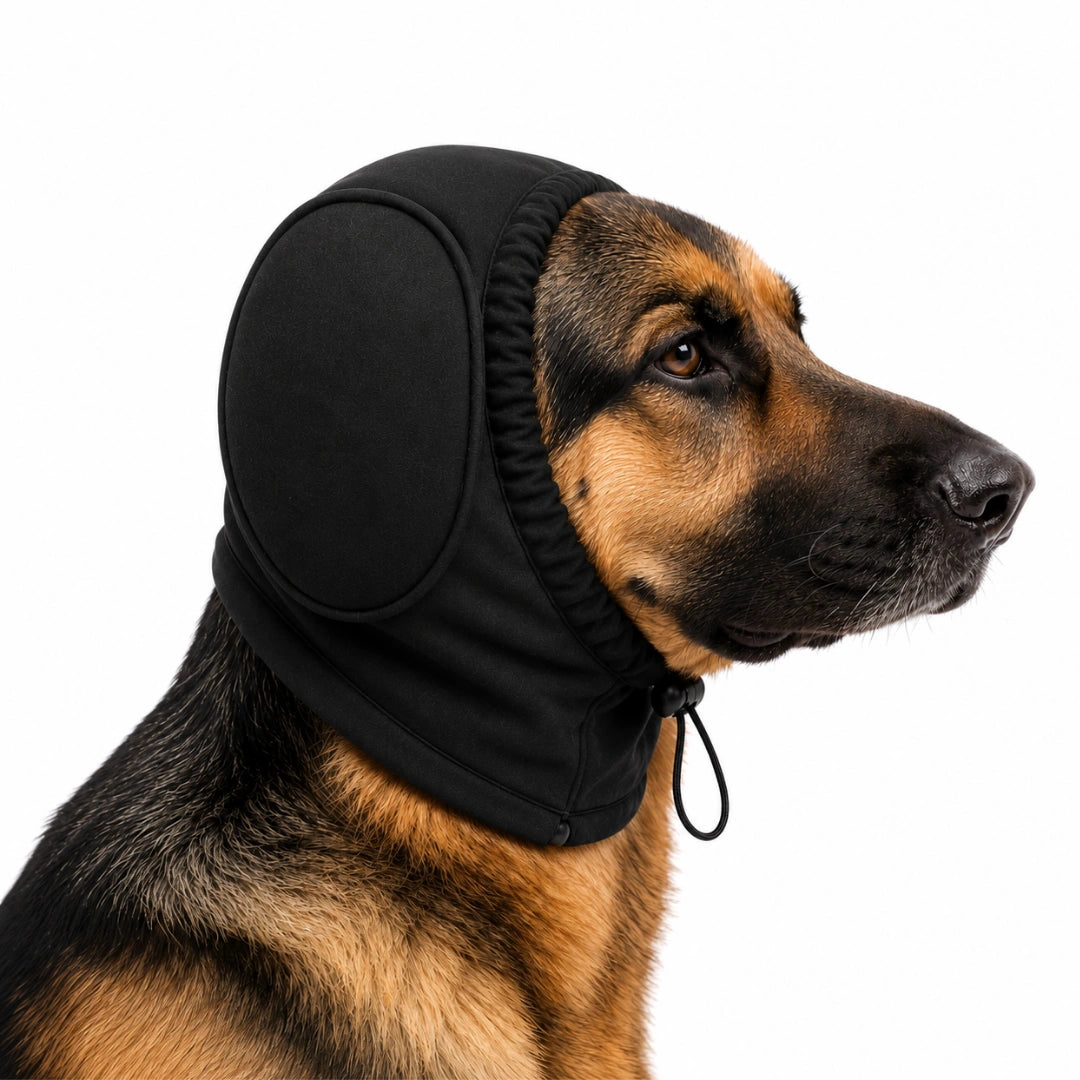 Öronskydd för hund i svart på schäfer, storlek XL - Djurslottet