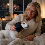 Hund med öronskydd i soffan under fyrverkerier - Djurslottet