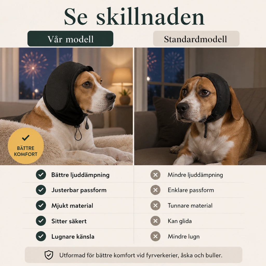 Vår modell jämförd med ett standardöronskydd för hund - Djurslottet