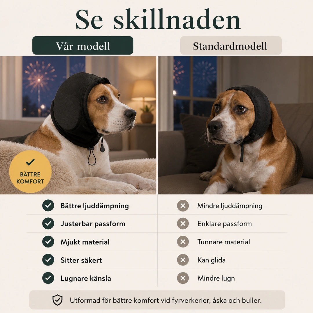 Vår modell jämförd med ett standardöronskydd för hund - Djurslottet