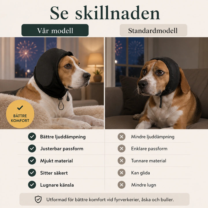 Vår modell jämförd med ett standardöronskydd för hund - Djurslottet