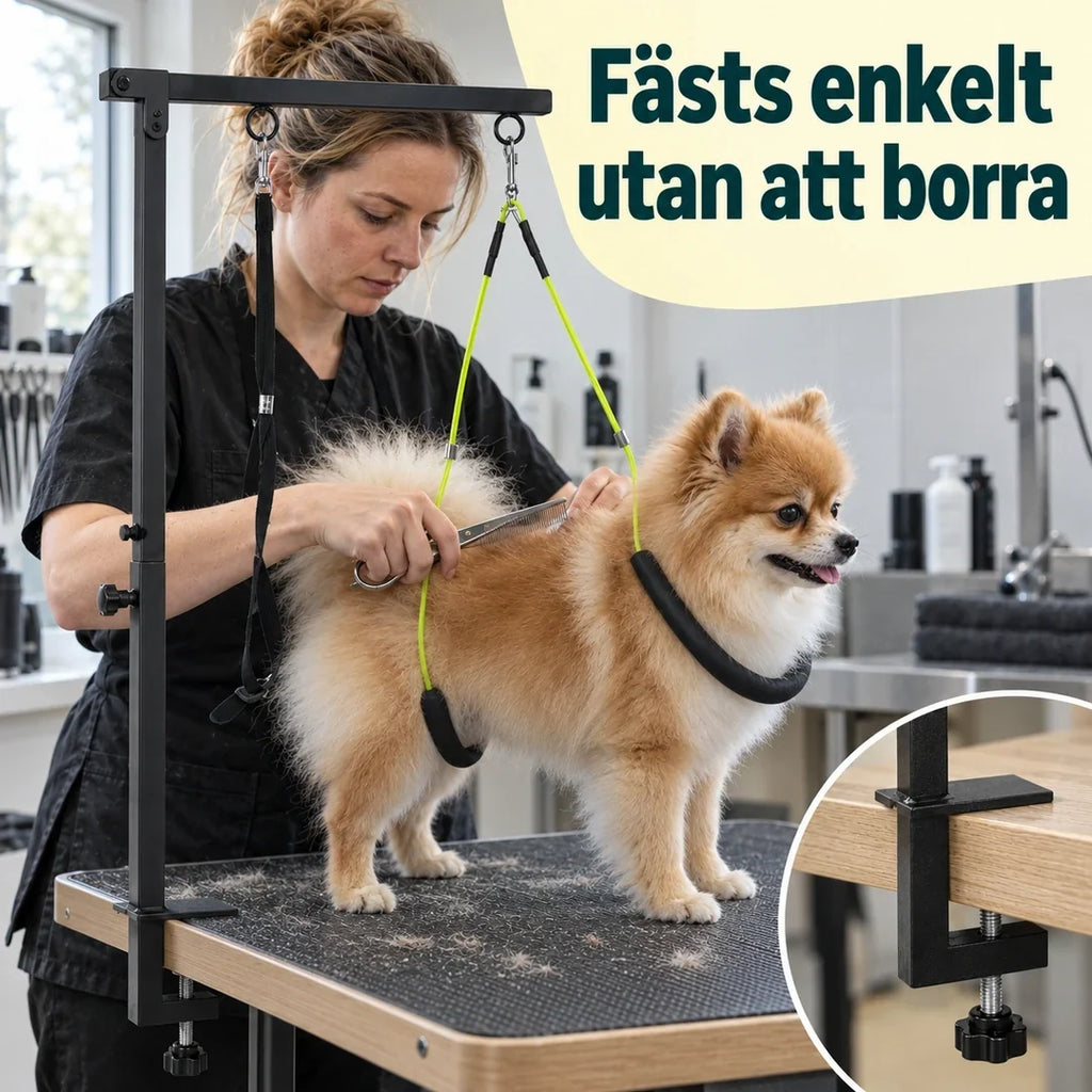 Trimgalge för Hund & Katt – Bordsfäste utan borrning med pomeranian – Djurslottet