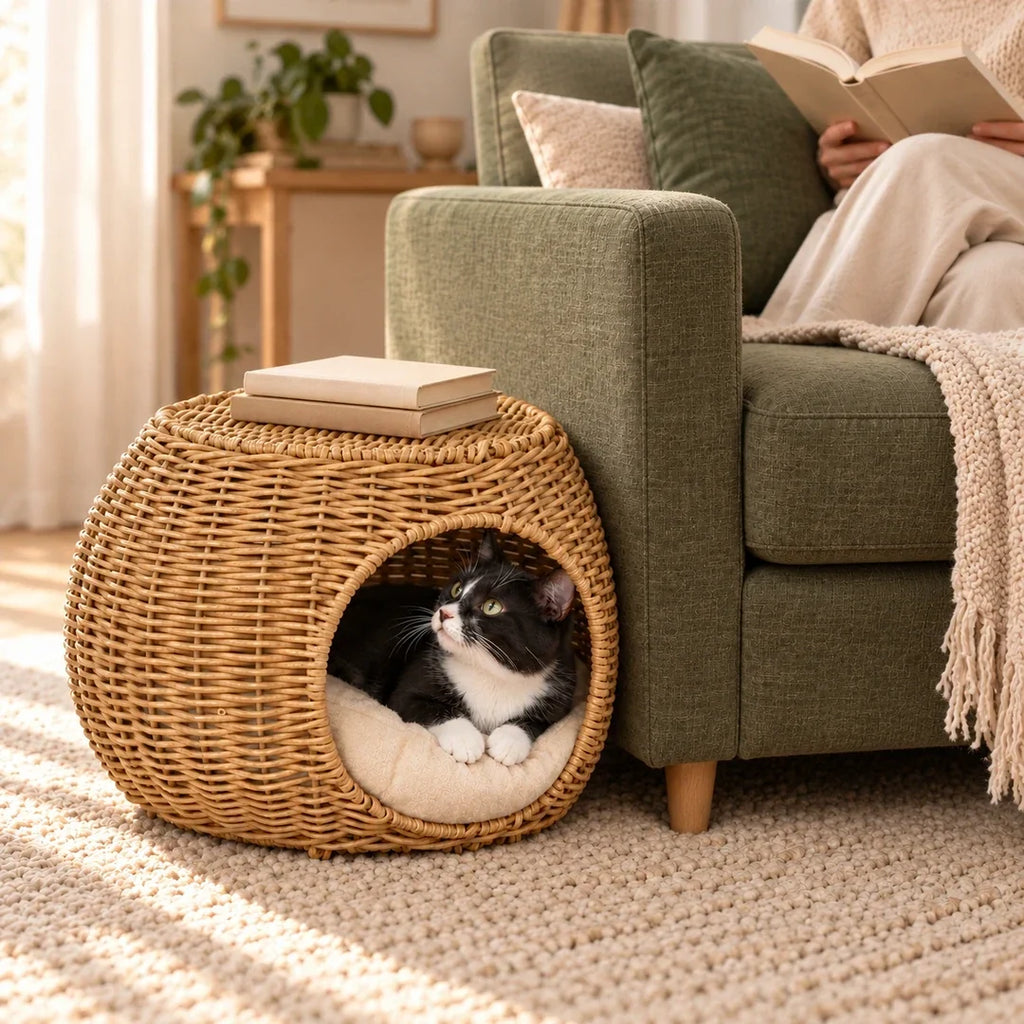 PawHut Katthus med Dyna – Svartvit katt bredvid grön soffa med böcker på toppen – Djurslottet