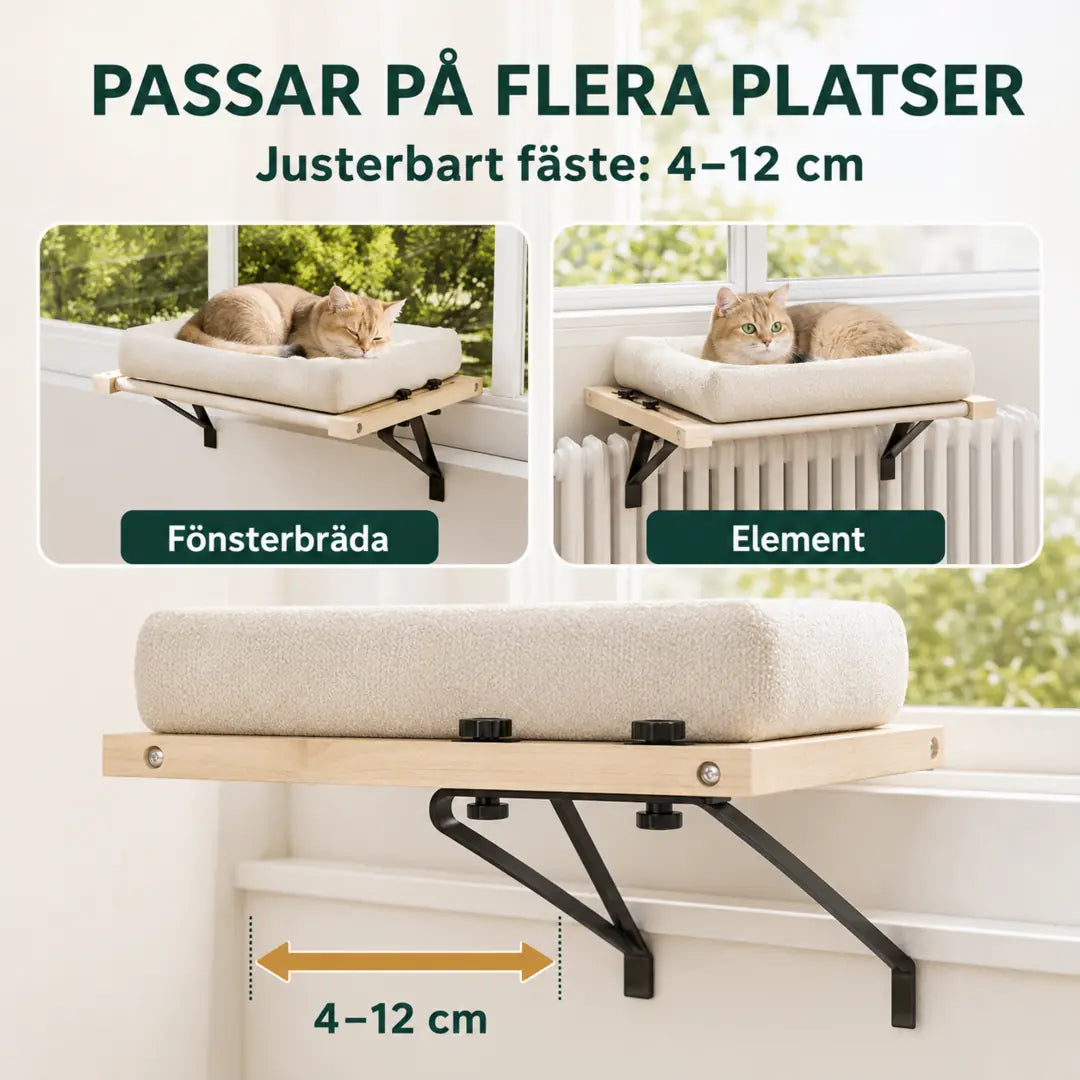 PawHut Fönsterbädd för Katt – Med justerbart fäste 4 till 12 cm för fönsterbräda och element – Djurslottet