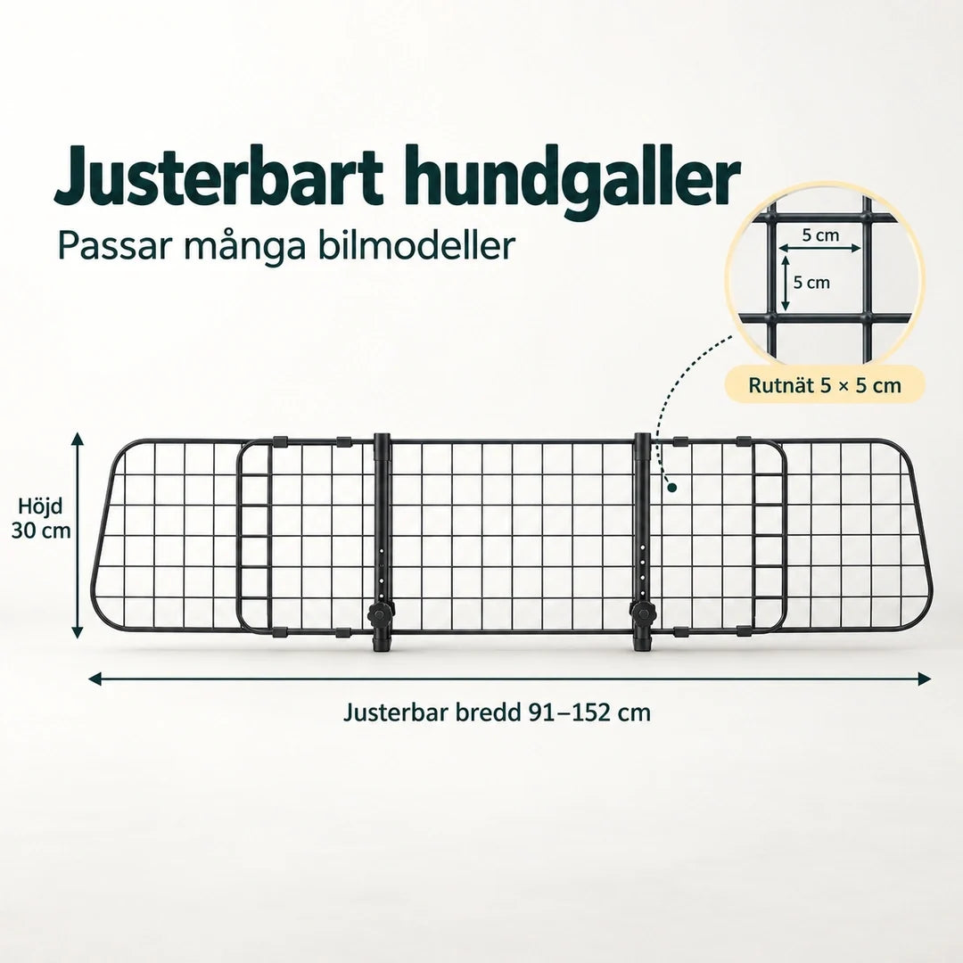 PawHut Hundgaller för Bil med Nät – Måttbild: PawHut hundgaller för bil med justerbar bredd 91–152 cm, höjd 30 cm och rutnät 5 × 5 cm – Djurslottet