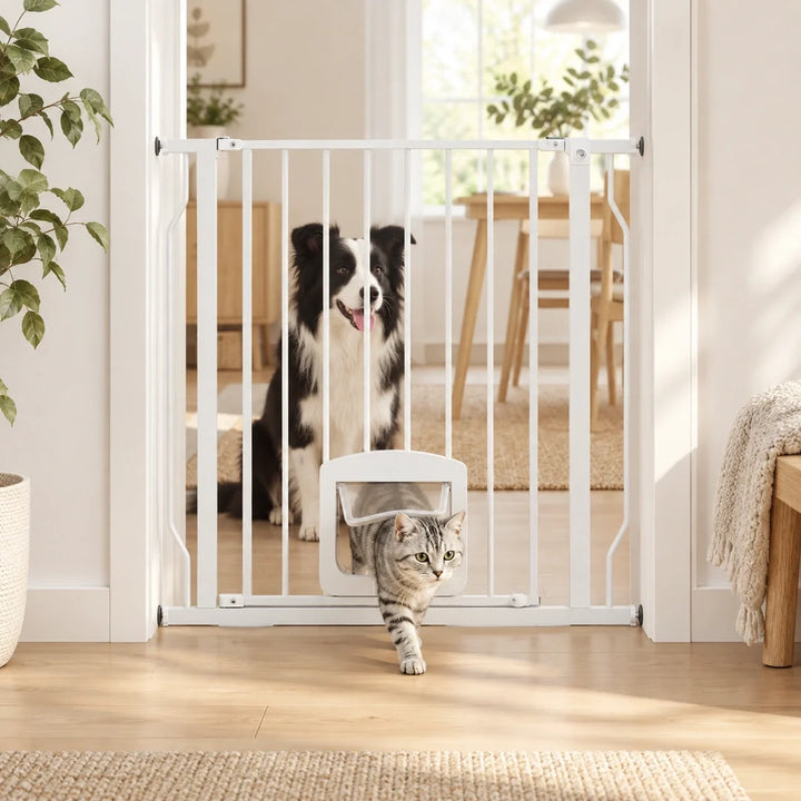 PawHut Hundgrind med Fyrvägs Kattlucka - Livsstilsbild med hund bakom grinden och katt genom luckan - Djurslottet