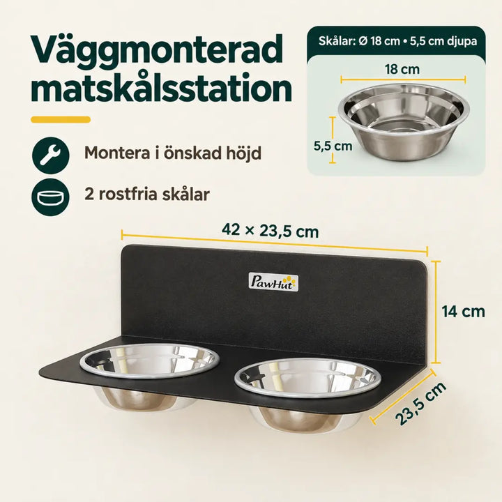 PawHut Väggmonterad Matbar – Mått och skålstorlek – Djurslottet