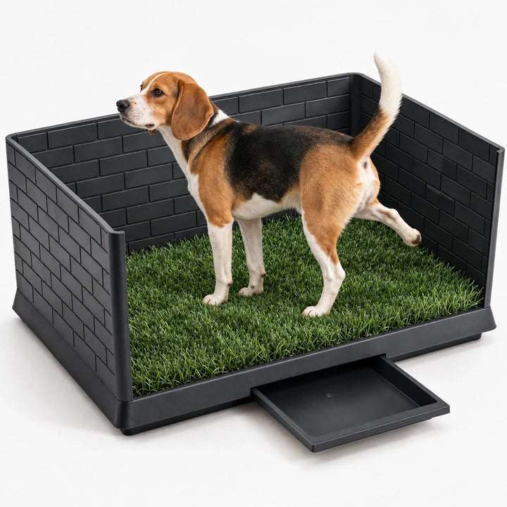 PawHut Hundtoalett med Skyddsväggar – Beagle på konstgräs mot vit bakgrund – Djurslottet