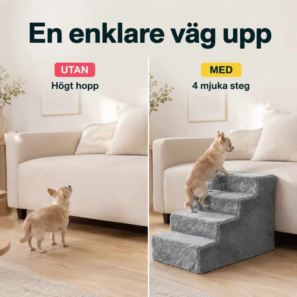 PawHut Husdjurstrappa med 4 Steg – PawHut Husdjurstrappa före och efter vid soffan – Djurslottet