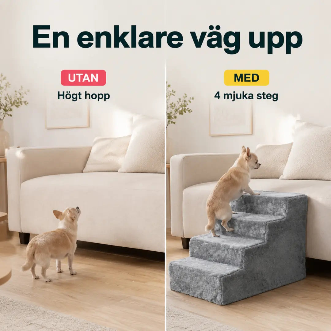 PawHut Husdjurstrappa med 4 Steg – PawHut Husdjurstrappa före och efter vid soffan – Djurslottet