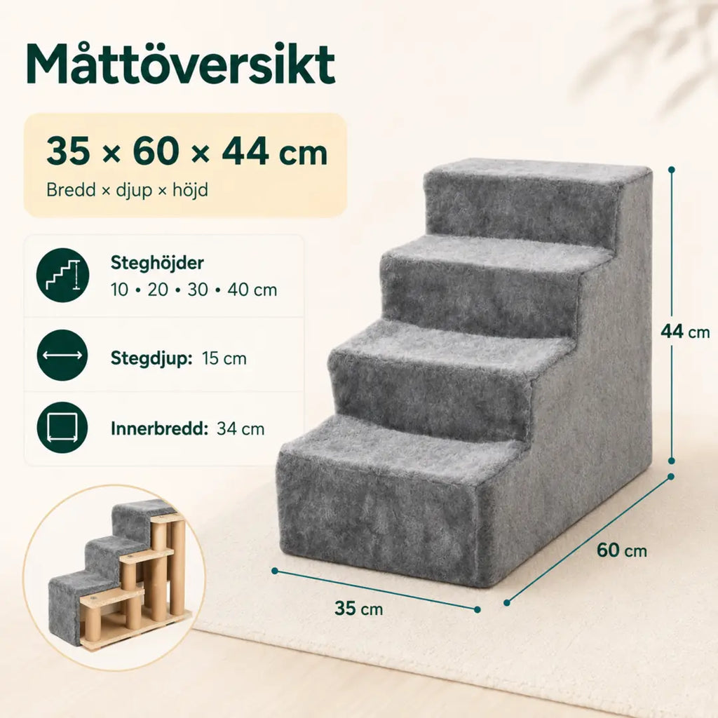 PawHut Husdjurstrappa med 4 Steg – PawHut Husdjurstrappa mått 35 x 60 x 44 cm med steghöjder 10 till 40 cm – Djurslottet