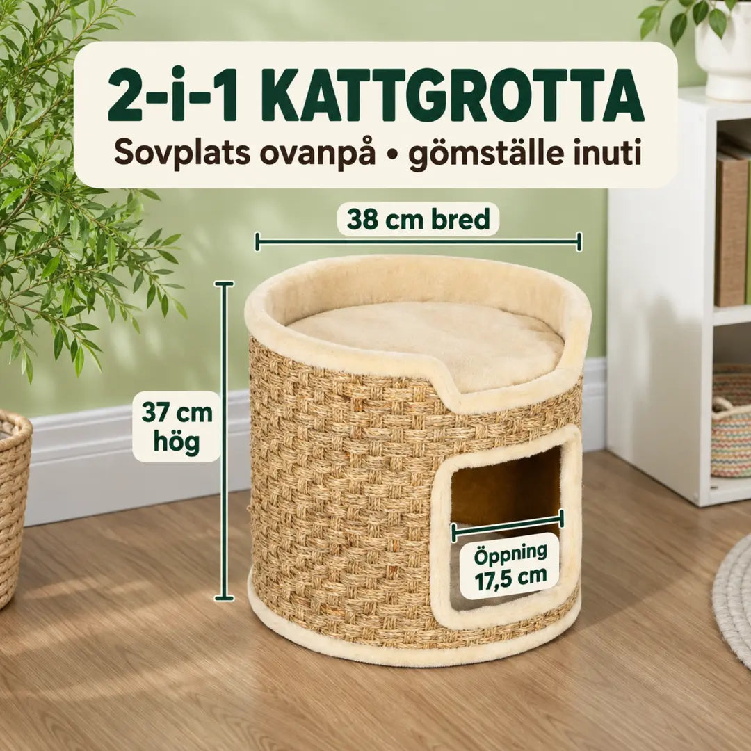 PawHut Kattgrotta med Klösyta i 2 Nivåer - Mått och öppning - Djurslottet