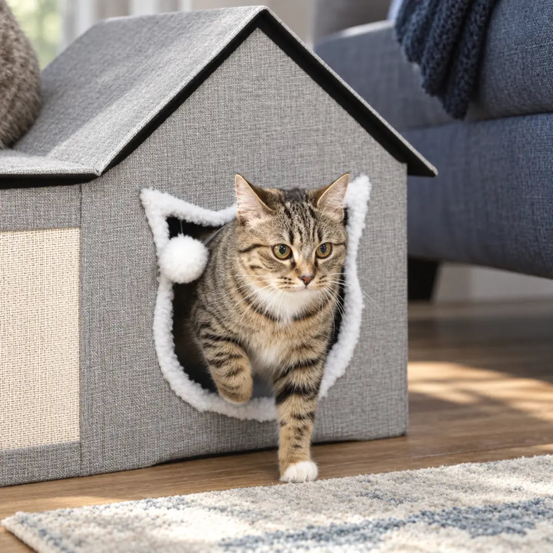 PawHut Katthus med Klösyta – katt går ut genom den främre öppningen – Djurslottet