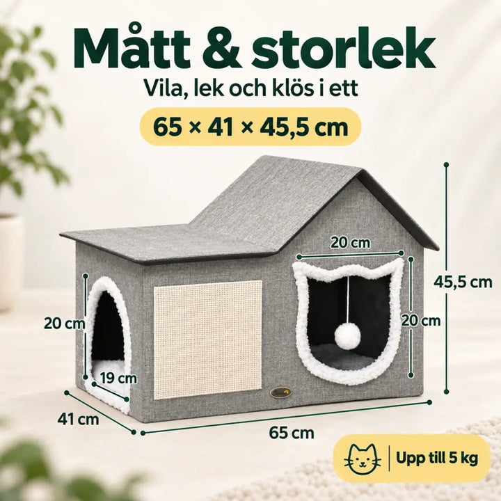 PawHut Katthus med Klösyta – mått 65 × 41 × 45,5 cm och öppningar – Djurslottet