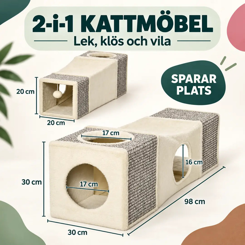 Måttbild för PawHut kattunnel med klösbräda: 98 × 30 × 30 cm och öppningar på 16–17 cm