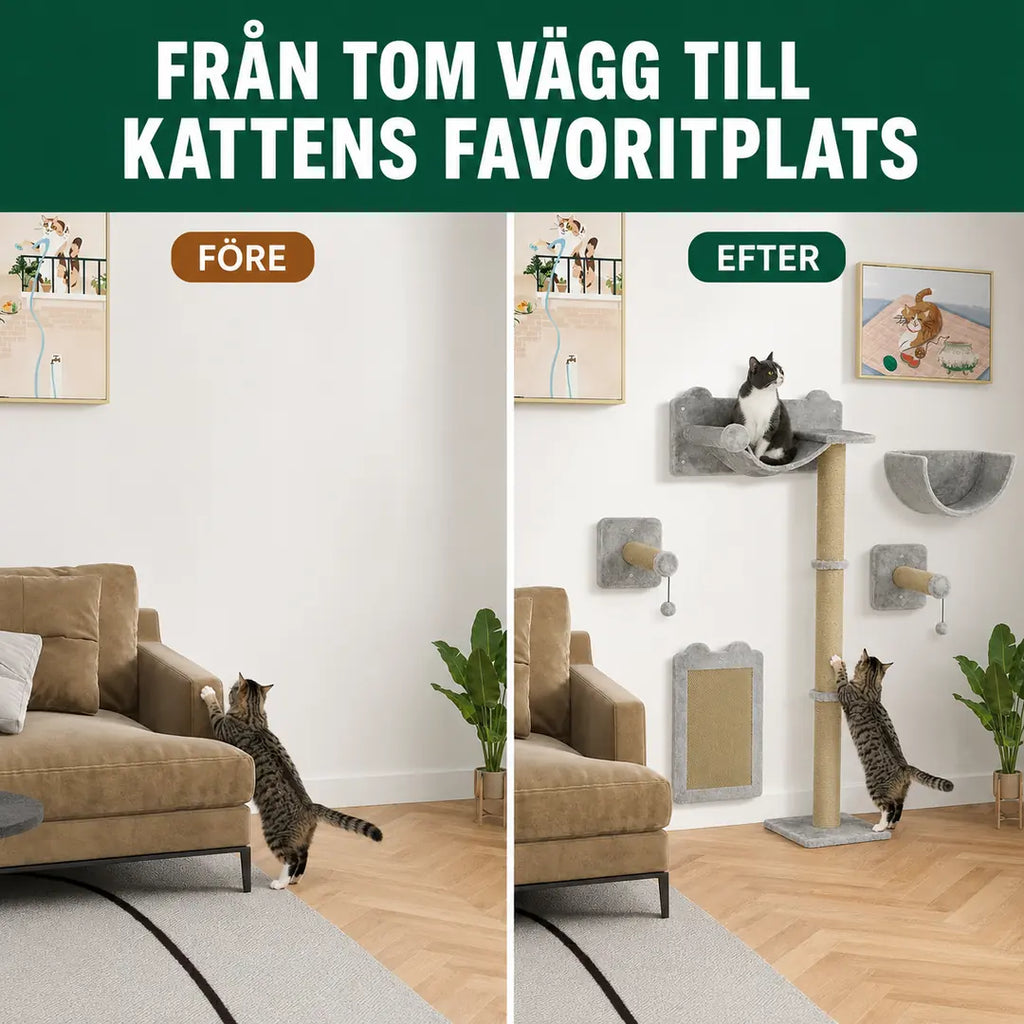 PawHut Klättervägg för Katt – I 5 Delar före och efter på tom vägg – Djurslottet