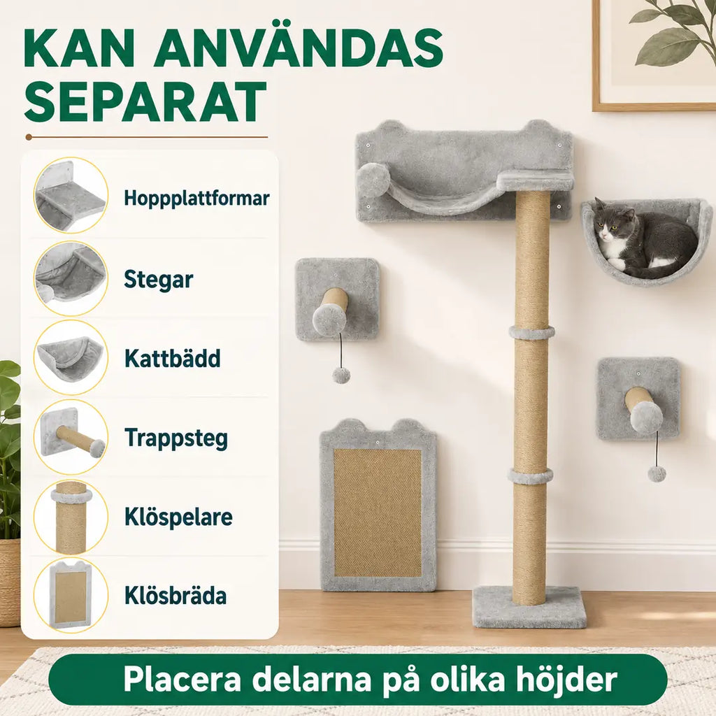 PawHut Klättervägg för Katt – I 5 Delar som placeras på olika höjder – Djurslottet