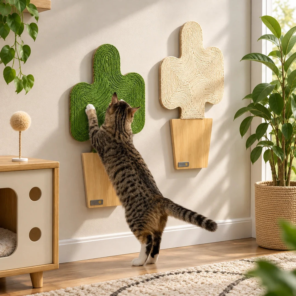 PawHut Väggmonterad Klösbräda – Grön och beige klösbräda med tigrerad katt i vardagsrum – Djurslottet
