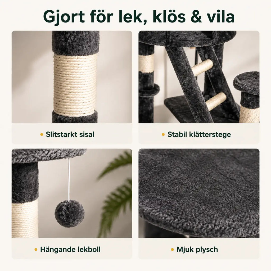 PawHut Klösträd Golv till Tak – Detaljer i sisal klätterstege lekboll och plysch – Djurslottet