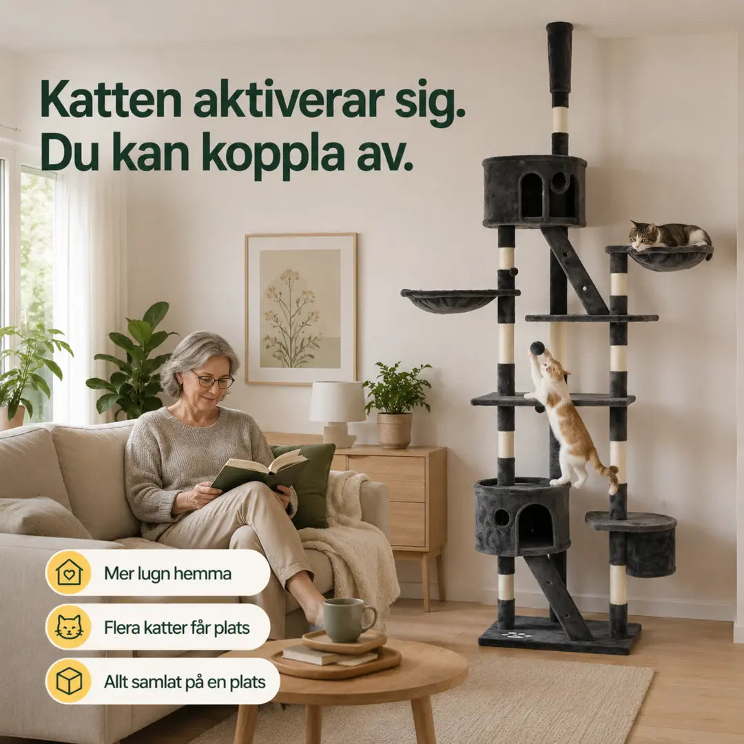 PawHut Klösträd Golv till Tak – Med katt som klättrar medan ägaren läser – Djurslottet