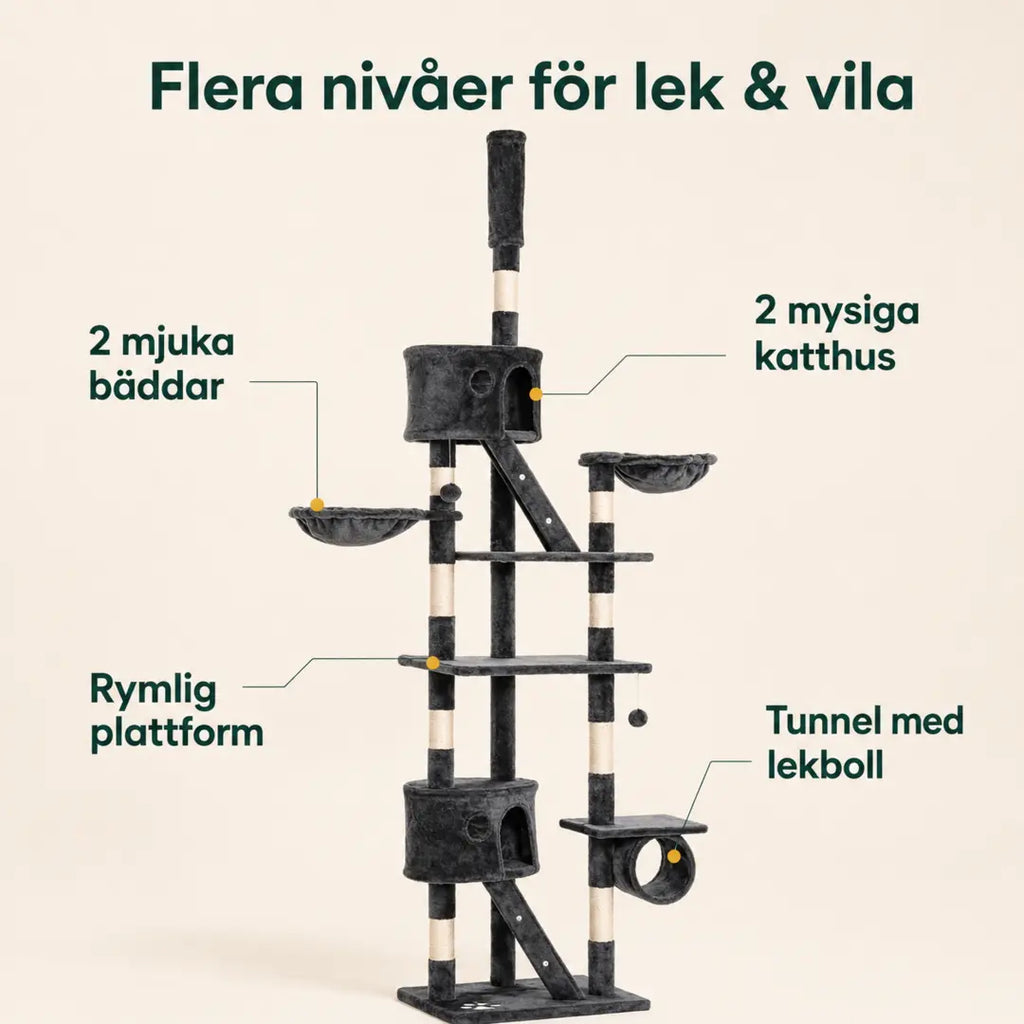 PawHut Klösträd Golv till Tak – Nivåer med två katthus två bäddar och tunnel – Djurslottet