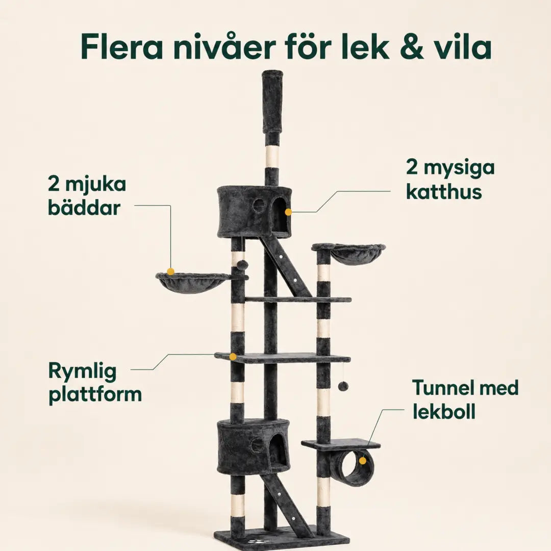 PawHut Klösträd Golv till Tak – Nivåer med två katthus två bäddar och tunnel – Djurslottet