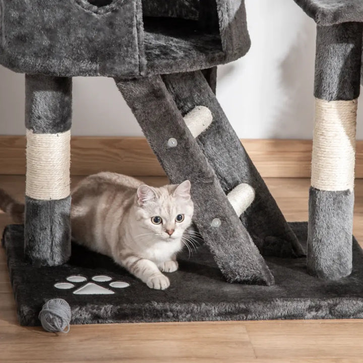 PawHut Klösträd Golv till Tak – Stabil basplatta och klätterstege med katt – Djurslottet
