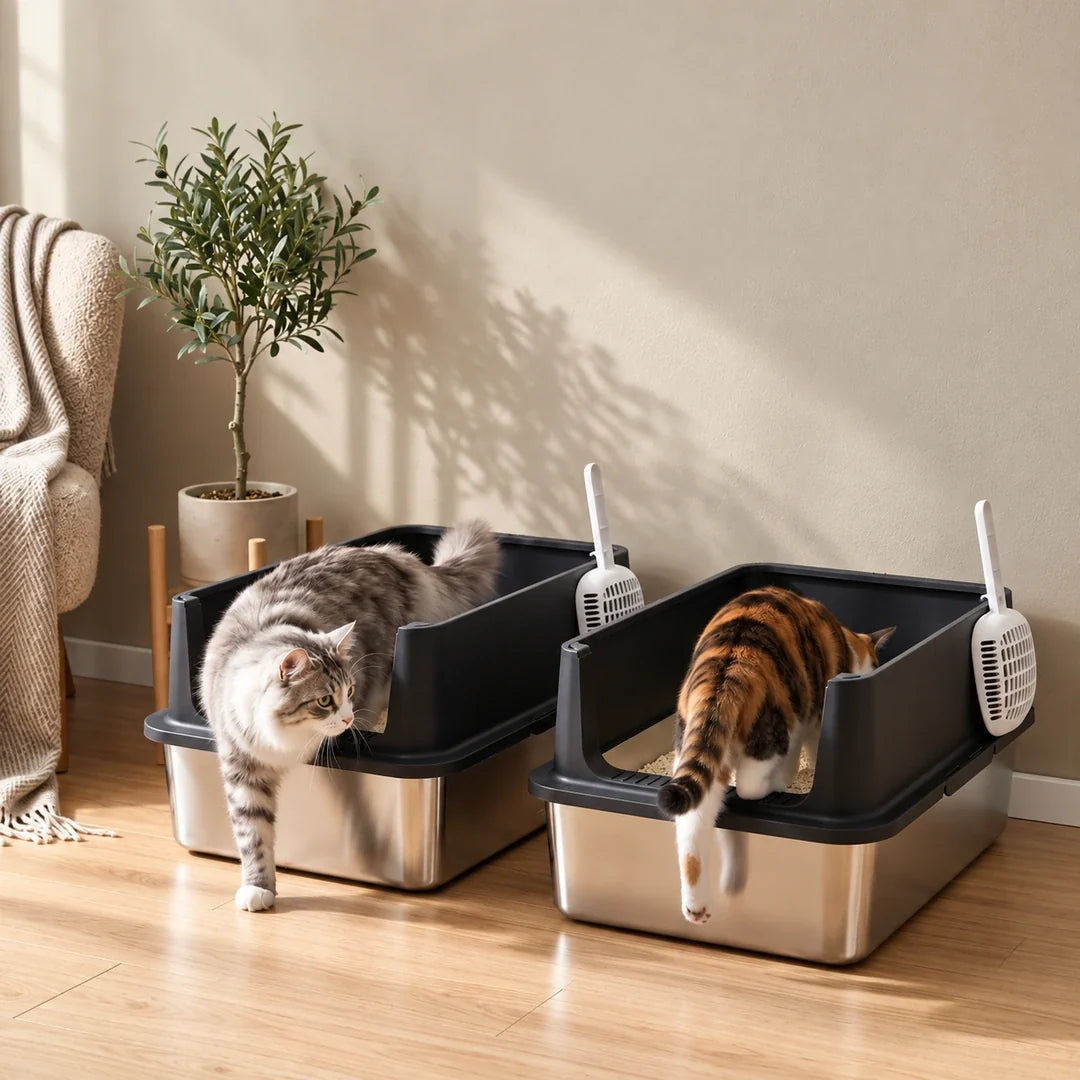 PawHut Rostfri Kattlåda 2-pack – 02 Två katter använder kattlådorna i hemmiljö – Djurslottet