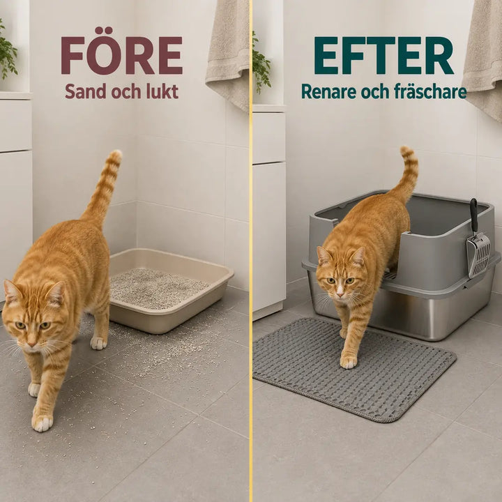 PawHut Rostfri Kattlåda med Matta – PawHut Rostfri Kattlåda före och efter jämfört med en sandig kattplats – Djurslottet