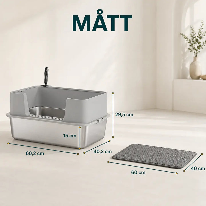 PawHut Rostfri Kattlåda med Matta – PawHut Rostfri Kattlåda mått 60,2 x 40,2 x 29,5 cm och matta 60 x 40 cm – Djurslottet
