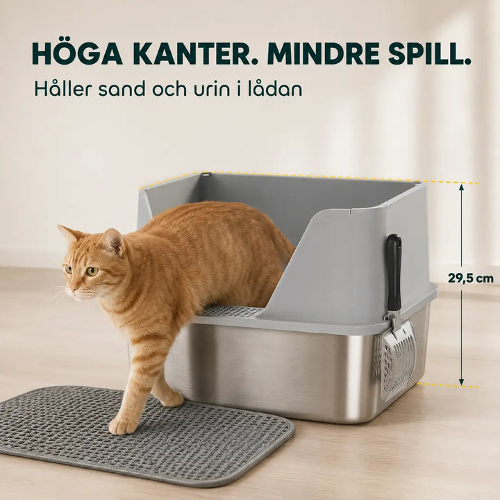 PawHut Rostfri Kattlåda med Matta – PawHut Rostfri Kattlåda med 29,5 cm höga kanter mot spill – Djurslottet