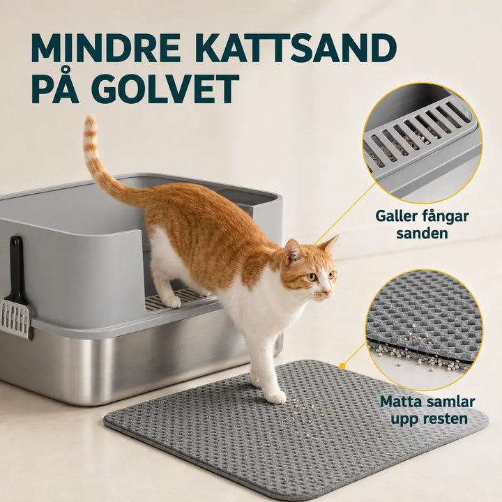 PawHut Rostfri Kattlåda med Matta – PawHut Rostfri Kattlåda med galler och matta som fångar sanden – Djurslottet