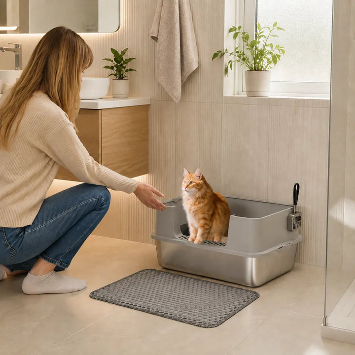 PawHut Rostfri Kattlåda med Matta – PawHut Rostfri Kattlåda placerad i ett badrum – Djurslottet