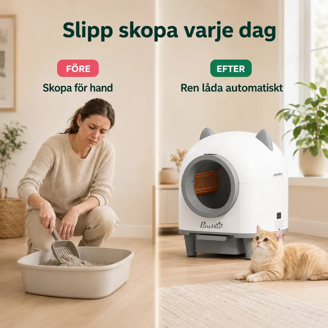 PawHut Självrengörande Kattlåda – Före och efter automatisk rengöring – Djurslottet