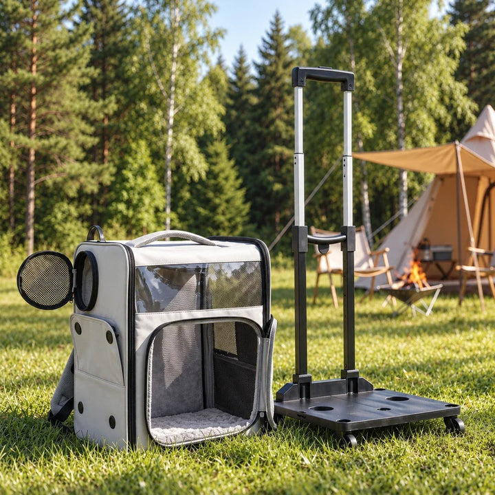 PawHut 2-i-1 Transportväska och Ryggsäck med Hjul - Campingbild med löstagbar trolley - Djurslottet