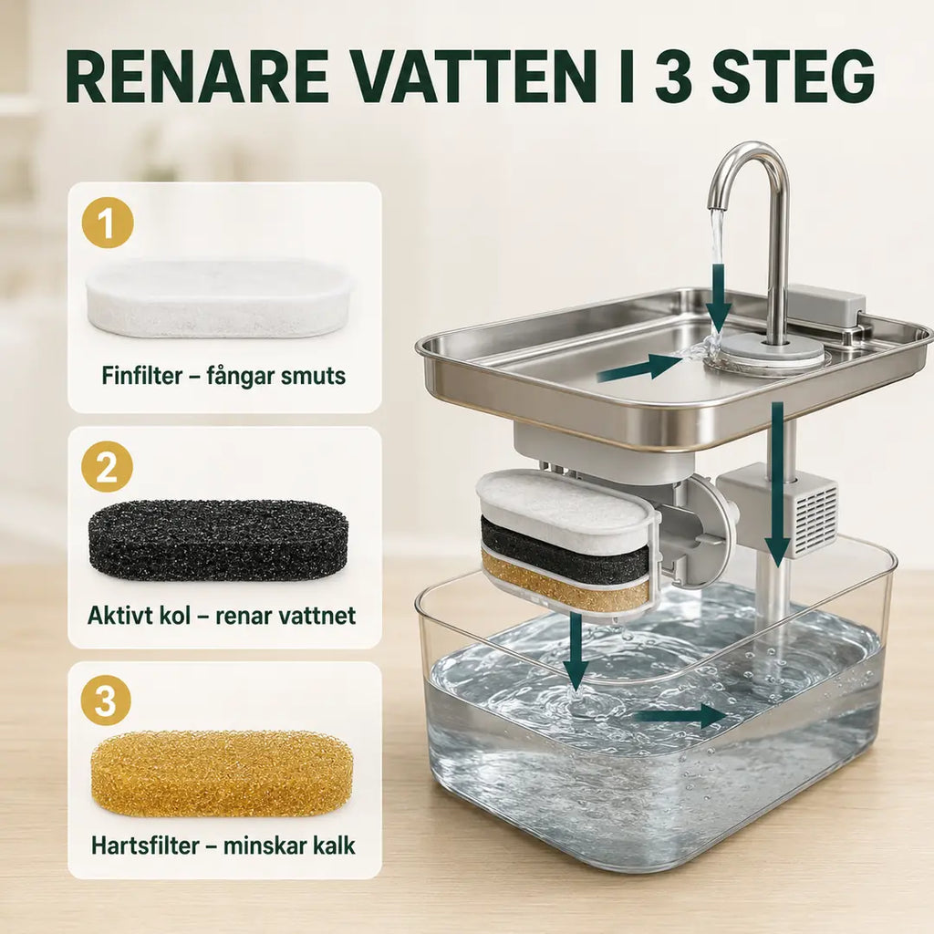 PawHut Vattenfontän 3,2 L – Med filtrering i tre steg – Djurslottet