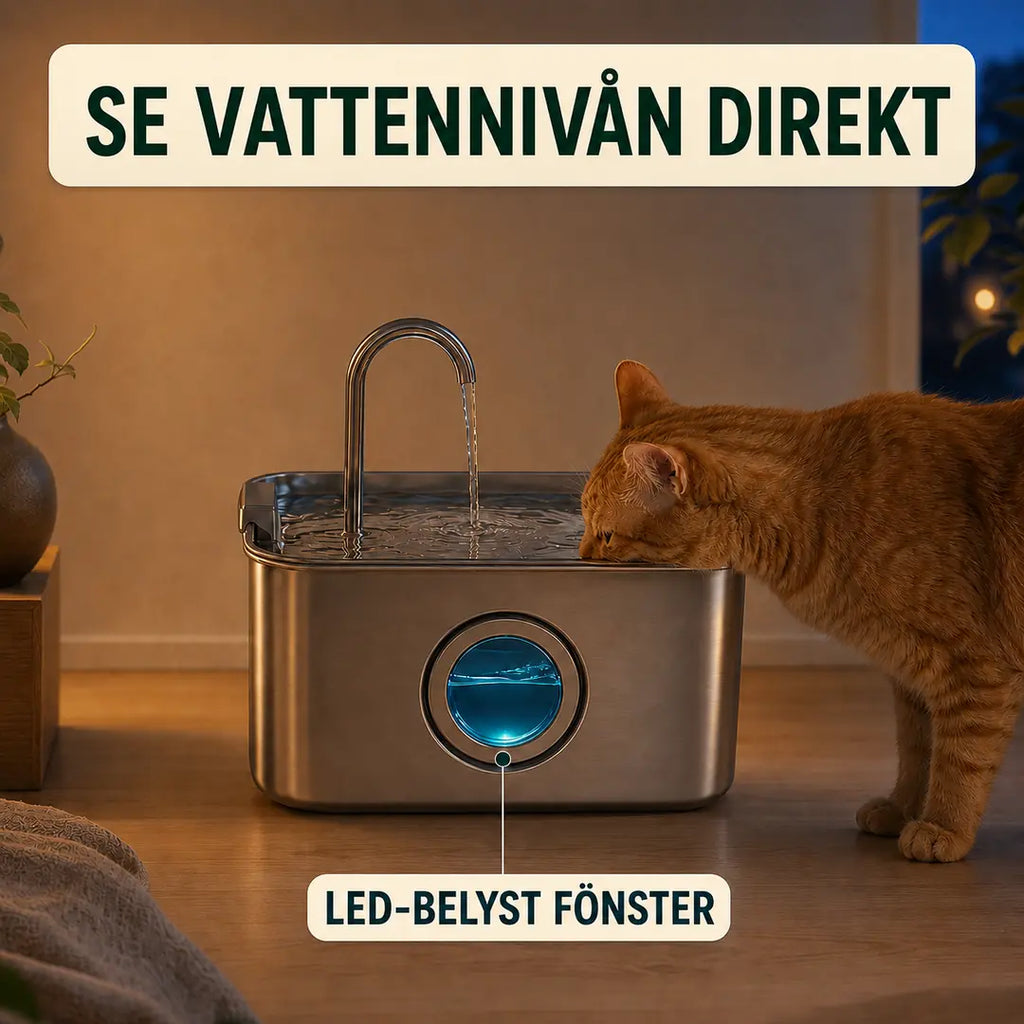 PawHut Vattenfontän 3,2 L – Med LED-belyst fönster som visar vattennivån – Djurslottet