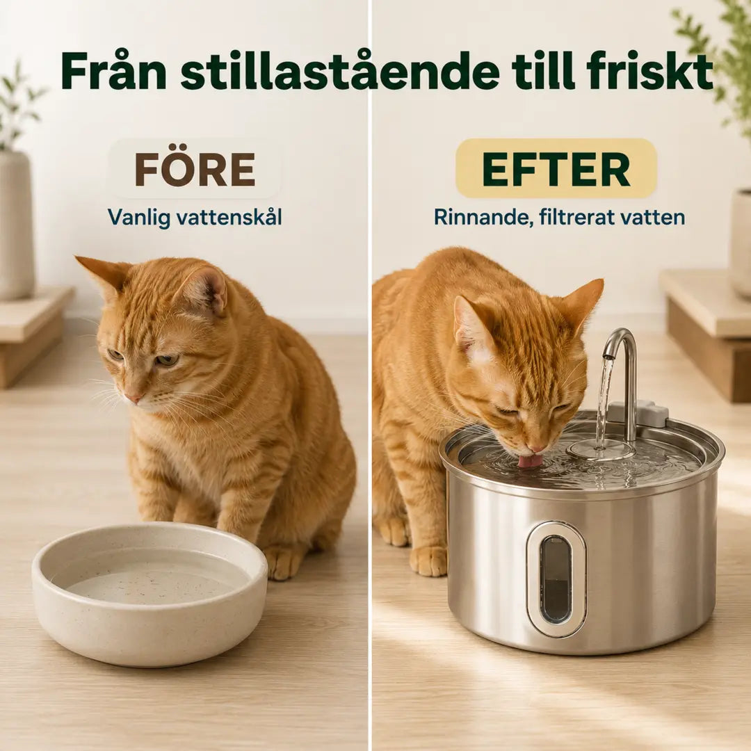PawHut Vattenfontän för Katt 2,5 L – Före och efter med rinnande vatten – Djurslottet