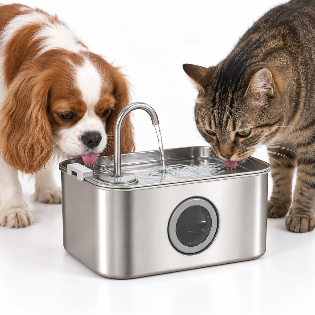 PawHut Vattenfontän Hund och Katt – hund och katt dricker samtidigt ur den rostfria fontänen – Djurslottet