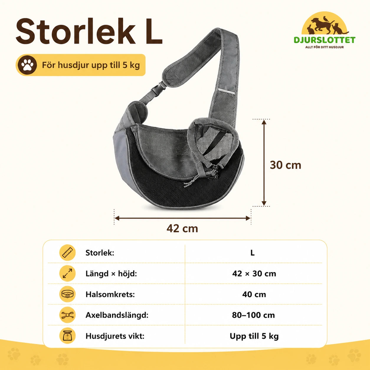 PawsPack Slingväska för husdjur i storlek L med mått 42 × 30 cm, justerbart axelband och rekommenderad vikt upp till 5 kg från Djurslottet.