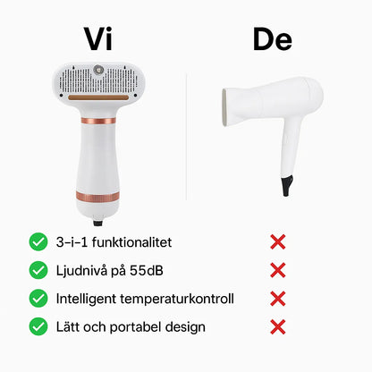 Jämförelse mellan Petdryer Pro och traditionell pälsfön – 4-i-1 funktionalitet, låg ljudnivå, temperaturkontroll och portabel design