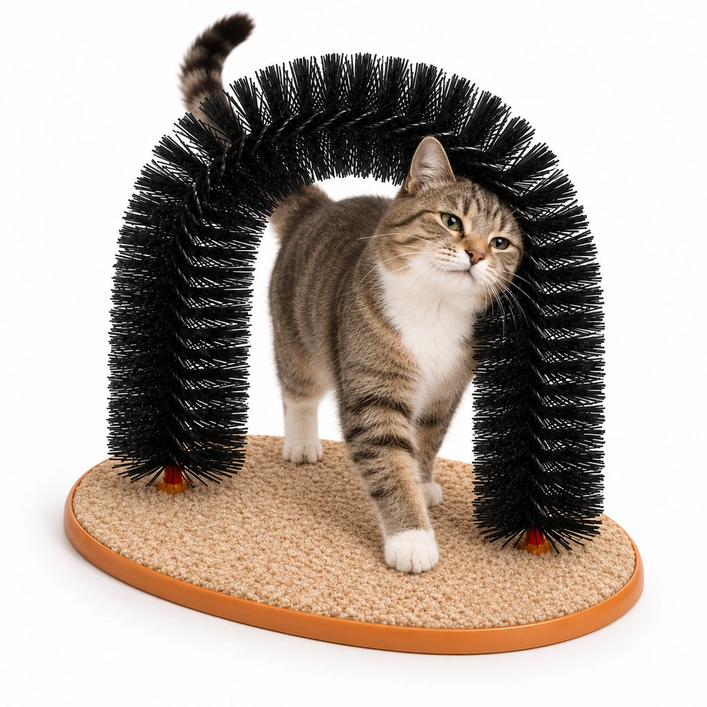Katt använder Purrnivo Självborste med Klösyta på vit bakgrund