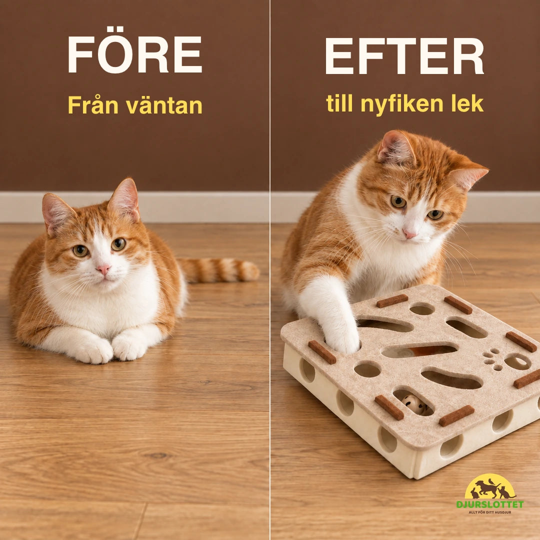 Samma katt före lek och under nyfiken söklek med Purrnivo kattpussel med bjällerboll – Djurslottet