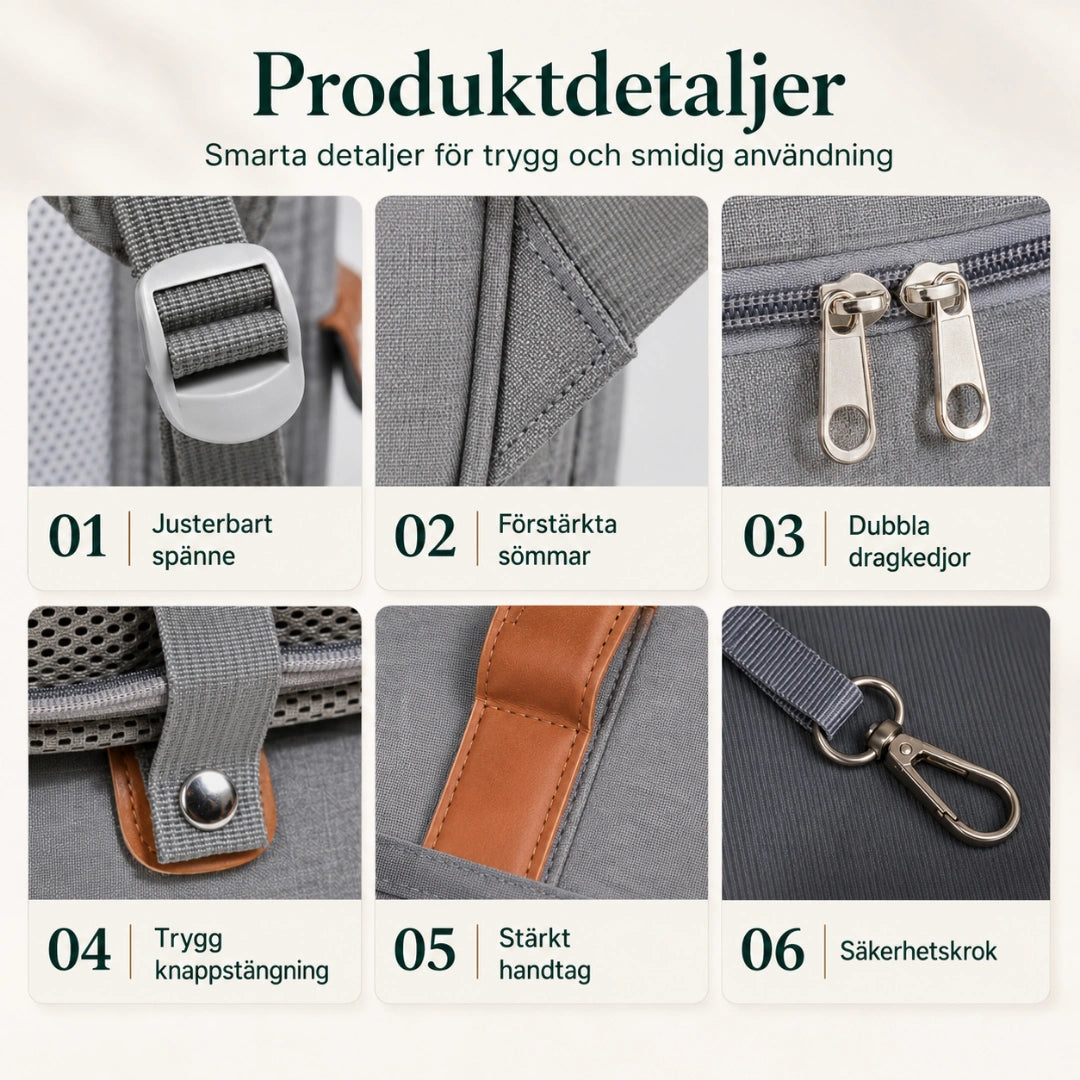 Detaljer, säkerhetskrok, dragkedjor och vadderade remmar - Djurslottet