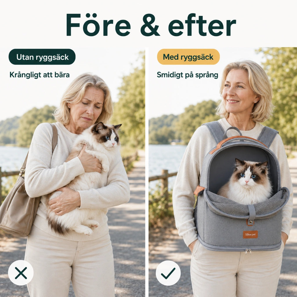 Före och efter, klumpig bur mot smidig ryggsäck - Djurslottet