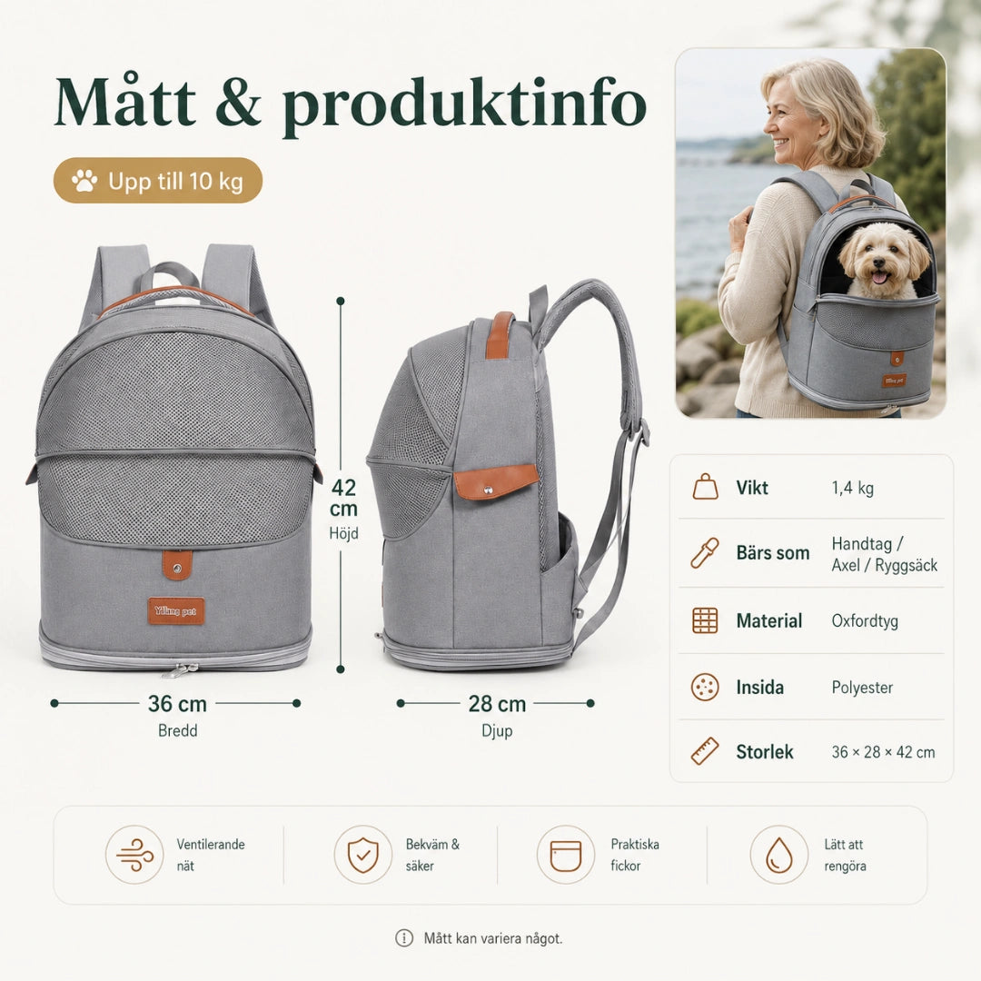 Mått 36 x 28 x 42 cm och produktinfo för ryggsäcken - Djurslottet