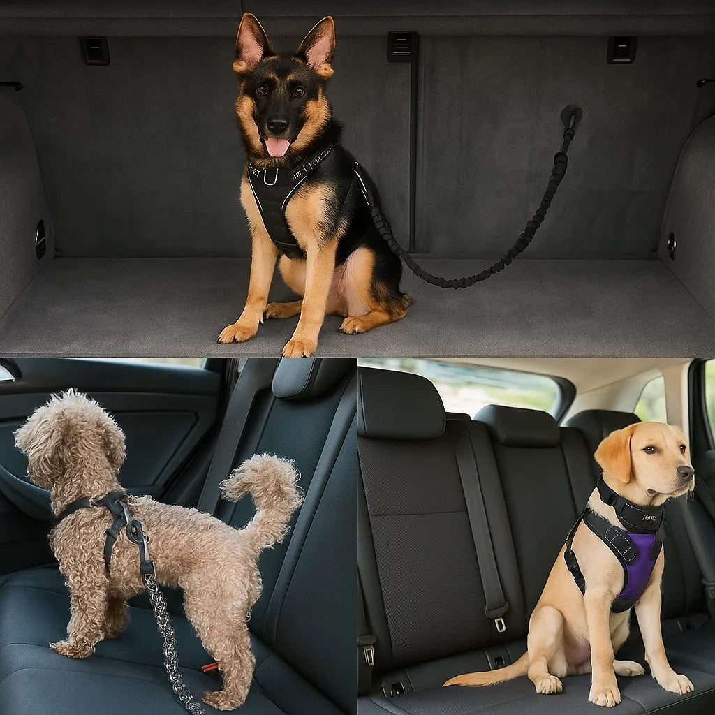 Tre hundar säkert fastspända i bil med säkerhetsbälte för husdjur – visar olika bilsäten och bälteslösningar