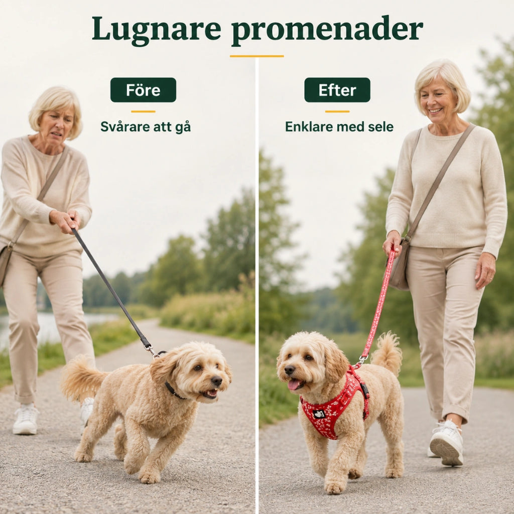 Före och efter med blommönstrad hundsele - Djurslottet
