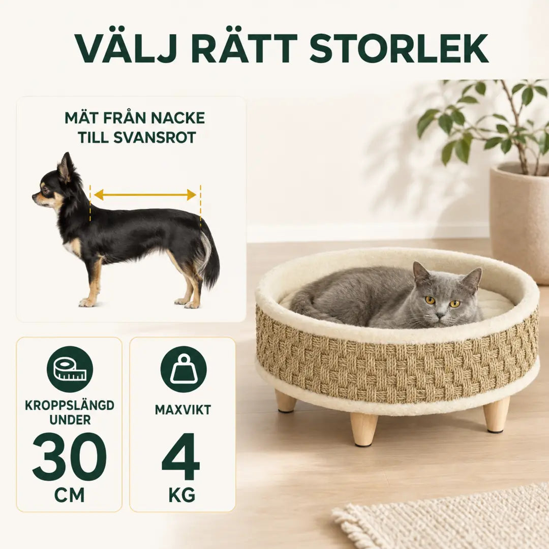PawHut Djurbädd i Flätat Sjögräs storleksguide med maxvikt 4 kg och kroppslängd under 30 cm - Djurslottet